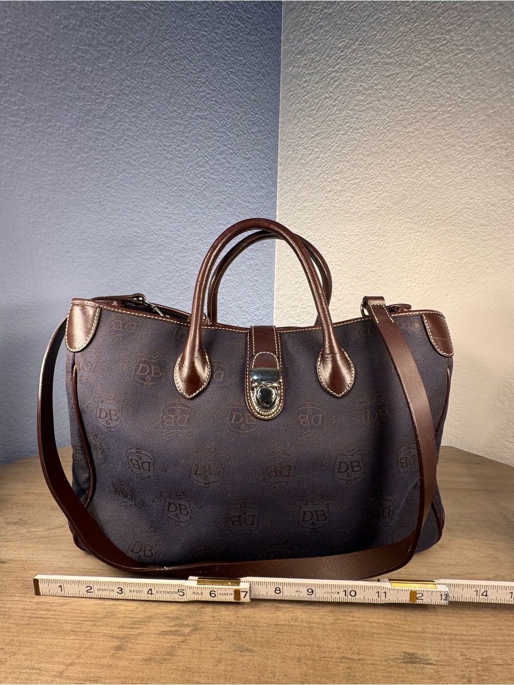 Dooney & Bourke DB Monogram Navy Satchel Crossbody Leather Bag w Pouch